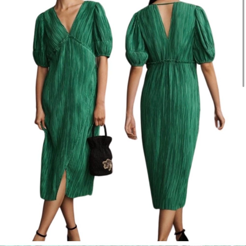 Anthropologie Green Pleated Midi